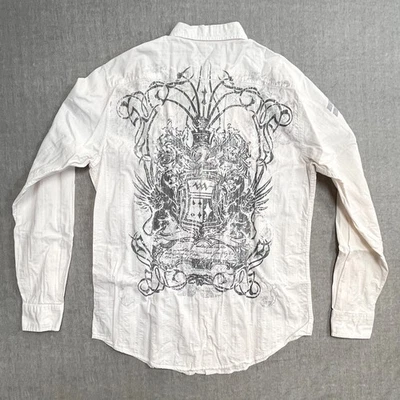Camisa Helix Y2K Grunge Abotonada Tribal Blanca Gráfica Para Hombres L/XL LEER Foto 1 de 4
