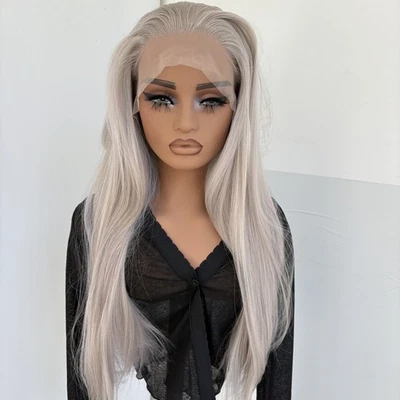 Peluca frontal de encaje HD para mujer larga recta gris plata cabello resistente al calor Foto 1 de 4