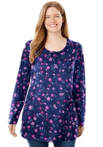 Woman Within Plus Size Perfect Printed Long-Sleeve Henley Tee - 1X, Navy Pretty - Picture 1 of 6