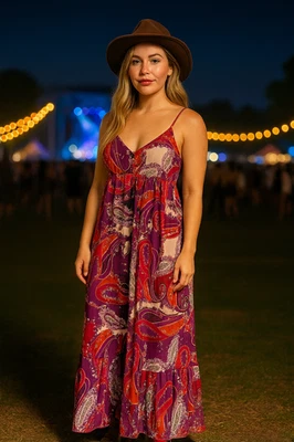 Maxi Vestido Talla Grande Cachemira Espagueti Correas Imperio Bohemio Festival de Hadas Foto 1 de 4