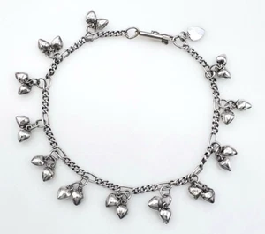 Vintage Sterling Silver Cluster Heart Charm Figaro Chain Bracelet 14K Gold Clasp - Picture 1 of 10