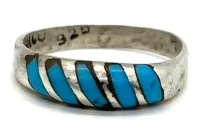 Minimalist Striped Blue Turquoise Sterling Silver 925 Ring Band Size 5.5 Unisex - Picture 1 of 13