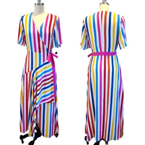 Color Me Courtney Wrap Maxi Dress Rainbow Colorful Stripes XS Preppy Statement - Picture 1 of 7