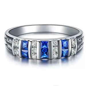 1.50 Ct Princess Blue Diamond Half Eternity Wedding Ring Band White Gold Plated - Picture 1 of 8