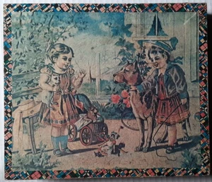 Antique Wooden 6 Sided Blocks plus Prints in Lithographed Paper Covered Box - Picture 1 of 5
