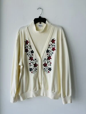 Cárdigan pulóver vintage BonWorth cuello alto crema floral para mujer XL abuela Foto 1 de 4