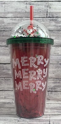 Taza de viaje de doble pared vaso con confeti de paja rojo y verde Navidad Santa Foto 1 de 4