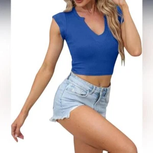 V Neck Short Sleeve Crop Tops Sexy Solid Color Slim Fit Knit Rib T-Shirts Summer - Picture 1 of 5