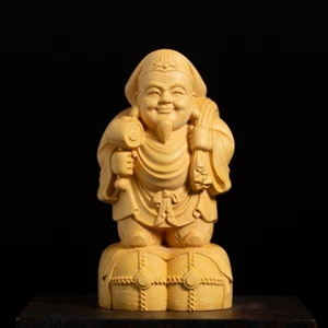 10CM Tall Daikokuten Boxwood Sculpture God of Wealth Wood Carving Statue - Picture 1 of 7