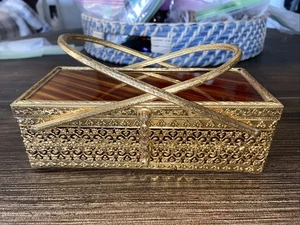 VINTAGE BOX PURSE Plastic Acrylic Gold Punched Metal Filigree Exterior Footed - Picture 1 of 13
