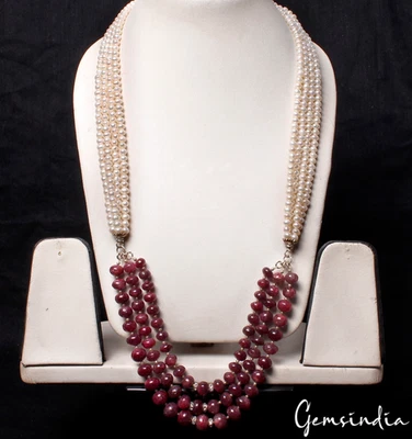 790 克拉天然红宝石和珍珠多股圆形珠手工项链 28 英寸 — 第 1/4 张图片