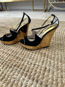 MICHAEL KORS Black Suede Gold Wedge Platform Heels Ankle Strap Sandals Size 9 - Picture 1 of 10