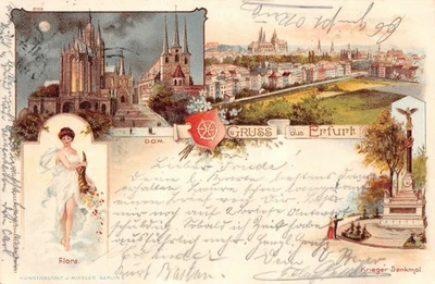 Saludo desde la catedral de Erfurt Flora monumento al guerrero postal AK 1899 - Imagen 1 de 2