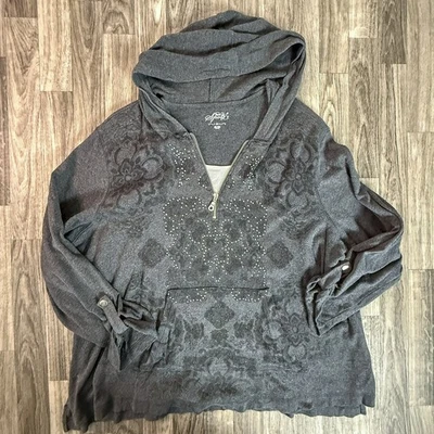 Felpa con cappuccio Style & Co Sport grigia borchie 3X pullover donna mezza zip cotone - Immagine 1 di 4