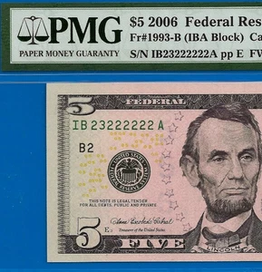 2006 $5 Federal Reserve Note PMG 66EPQ Near Solid Serial Number 23222222 - Picture 1 of 4
