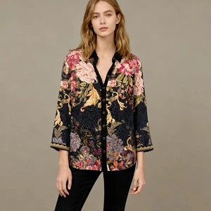 NWOT Johnny Was Floral Black Kimono Sleeve Top Button-Down Shirt Blouse Sz S - Bild 1 von 13