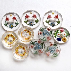 Lot 10 Vintage Clear Glass Buttons Back Painted Flowers Some Sets 9/16 -11/16” - Picture 1 of 4