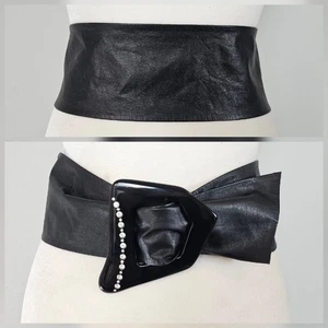Vintage 80er S/XS 26-30" weiches schwarzes Leder Cinch Korsett Gürtel breite Glitzer Schnalle - Bild 1 von 17