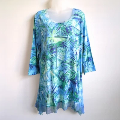 One World Blue Green Leafy Tropical Tunic Top Women's 2XL Artsy Boho Sharkbite - Image 1 of 4