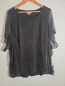 Urban Girl 2X Black Bronze Metallic Sheer Blouse Top Shirt Stretch Short Sleeve - Picture 1 of 12