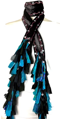 Chan Luu 2 Way Choker Shreds Scarf Boho Long Velvet Blue Purple Black - Image 1 of 3
