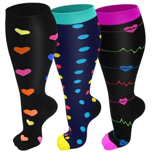 3 Packs Plus Size Compression Socks Wide Calf For Women & Men - Large Size Kn... - Picture 1 of 7