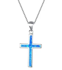 Collana religiosa croce cristiana blu Cristo 16-18" catena ciondolo Gesù Chiesa - Foto 1 di 2