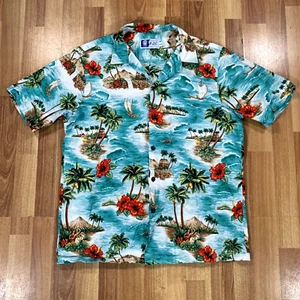 RJC Hawaiian Shirt Mens Large L Blue Ocean Coconut Trees Floral Button Up - Picture 1 of 9
