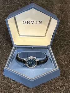 Vintage Orvin Damen Swiss 17 Jewels Uhr in Box blau Achteck Lederband läuft🔥 - Bild 1 von 16