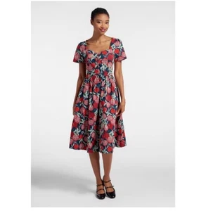 NWT ModCloth Button Dress Midi Pomegranate Red Blue Vibrant Fruity FitFlare SZ 6 - Picture 1 of 17