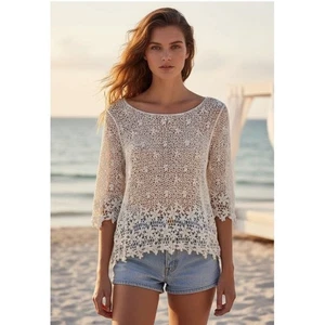 Acogedora Blusa Bohemia Informal Tejida Crochet S/M Marfil Crema Manga Campana - Imagen 1 de 7