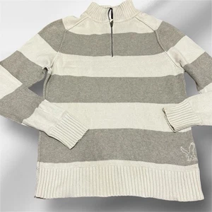 American Eagle Outfitters Men's L Striped 1/4 Zip Pullover Knit Beige Gray Logo - Picture 1 of 9