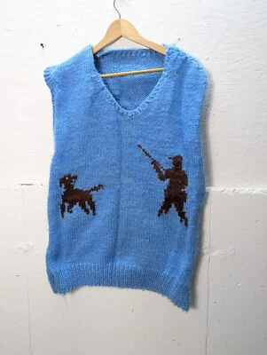 VINTAGE RARE BLUE DUCK HUNTING PULLOVER VEST BROWN DOG Wool Knitted Grandpa Vest - Image 1 of 4