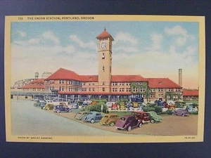 Portland Oregon OR Union Station Old Cars Curt Teich Linen Postcard 1937 - Picture 1 of 2