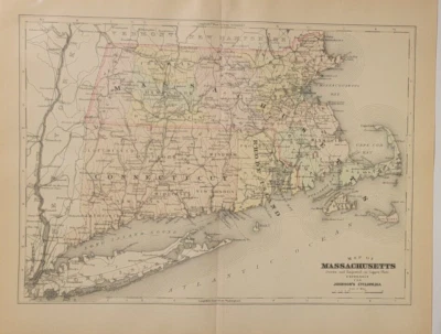 Antique copperplate hand colored map Massachusetts Johnson's Cyclopaedia 1897 - Image 1 of 4