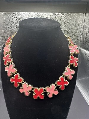 XXXX  Stunning Vintage Modern Pink Red Enamel Brass Flower Necklace - Image 1 of 4