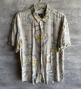 Camisa Vintage Lizwear Estampado Completo Mapa AOP Beige Rayón Abotonada Talla L - Imagen 1 de 6