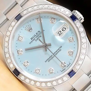 ROLEX MENS OYSTER PERPETUAL DATE 34MM 15200 DIAMOND SAPPHIRE SS ICE BLUE WATCH - Picture 1 of 9
