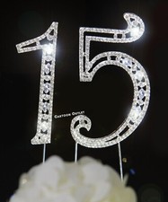 NUMBER 15 QUINCEANERA RHINESTONE BLING CAKE TOPPER FIFTEEN BIRTHDAY SILVER 