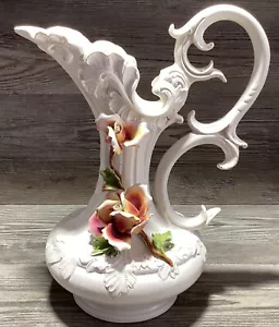 Vase Pitcher XL Bassano Capodimonte Italy Applied Roses 39cm Signed Vintage - Picture 1 of 19