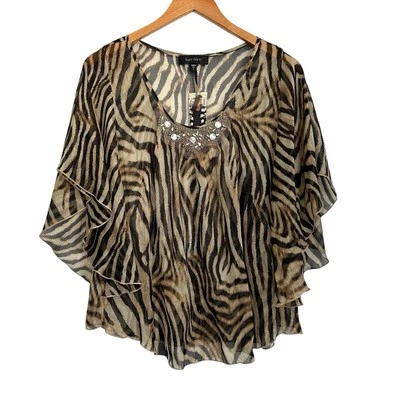 Karen Kane 女式丝绸动物印花串珠装饰衬衫,尺寸 S,棕色,美国 — 第 1/4 张图片