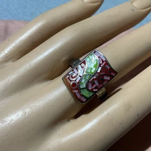 925 Sterling Silver Modernist Ring Enamel Inlay Size 7 / 8 Gr - Picture 1 of 6