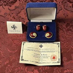 Vintage Camrose und Kross rote Emaille Strass Clip Ohrringe 2 Paar Samt Box - Bild 1 von 16