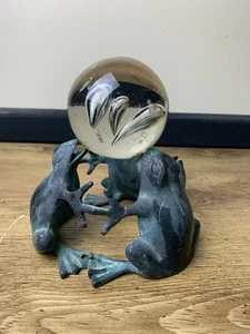 Trio of Bronze FROGS Holding Crystal Glass Ball Paperweight Patina - Picture 1 of 13