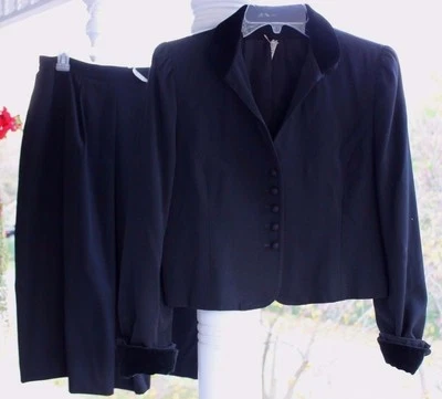 ✅ Conjunto de 8 blazer chaqueta falda traje de lana negra de colección para mujer puño cuello terciopelo negro Foto 1 de 4