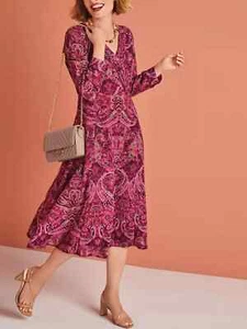 Lily Ella Red Paisley Women's SIZE 12 Midi  Long Sleeve Fit Flare chiffon Dress - Picture 1 of 7