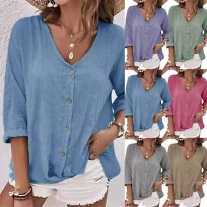 Summer Womens V-Neck Baggy Tops Ladies 3/4 Sleeve T-Shirts Blouse Plus Size New - Picture 1 of 22