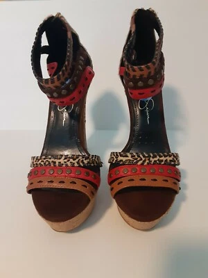 JESSICA SIMPSON Fiesta Cuero Leopardo Tacones Rojo Tostado Plataforma Sandalia 6.5 M Foto 1 de 4
