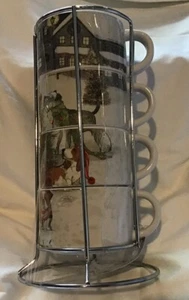Pier 1 Imports Christmas Stackable Mugs In Metal Stand Adorable Winter Dog Theme - Picture 1 of 13