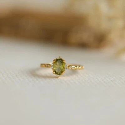 Oval Cut Natural Peridot 14K Yellow Gold Plated On Silver Victorian Wedding Ring - Image 1 of 4